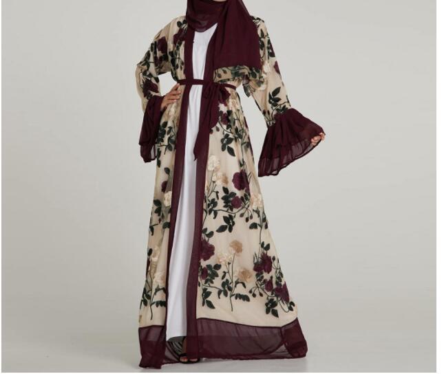 Muslim Embroidery Floral Abaya Long Dresses Flare Sleeve Cardigan Kimono Long Robe Tunic Middle East Ramadan Arab