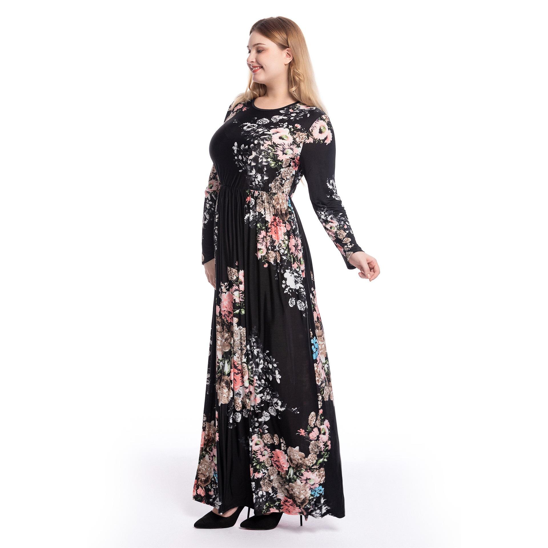 Plus size boho blomsterprint maxi lang kjole til kvinder festkjole draperet langærmet muslimsk casual malaysia oman kjoler