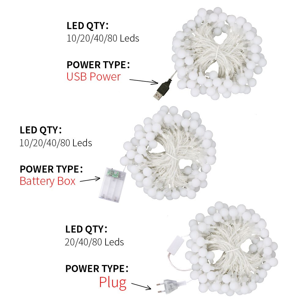 USB/Batterij Power LED Ball Garland Lights Fairy String Outdoor Lamp Thuis Kamer Kerstvakantie Bruiloft Feestverlichting Decoratie