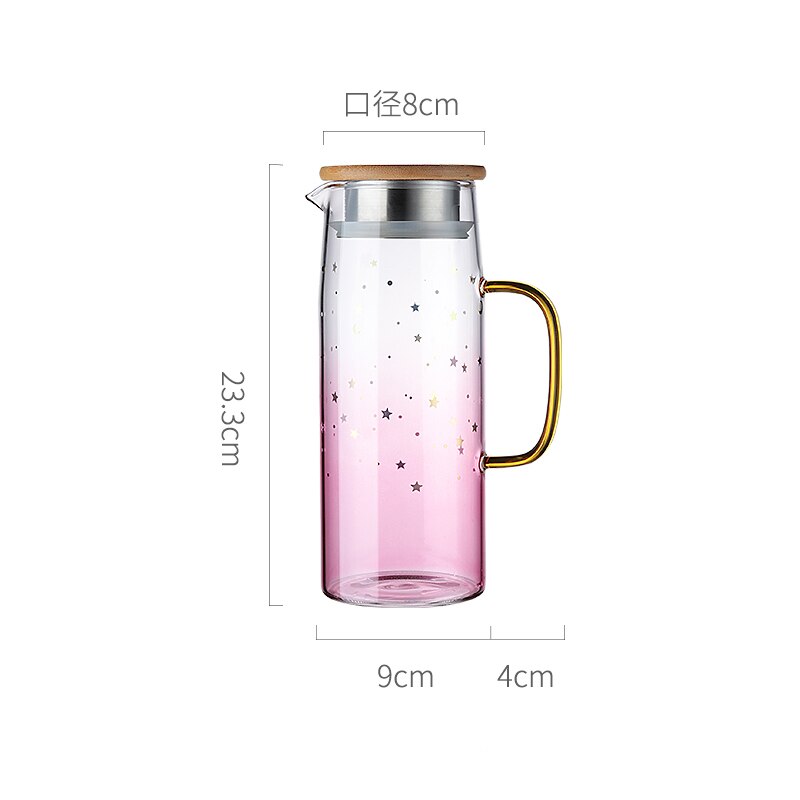 Pichet en verre Pot d'eau résistant à la chaleur cruche d'eau bouilloire couvercle en bambou pour l'eau bouillante thé jus de fruits cruche en verre: 1000ML Pink