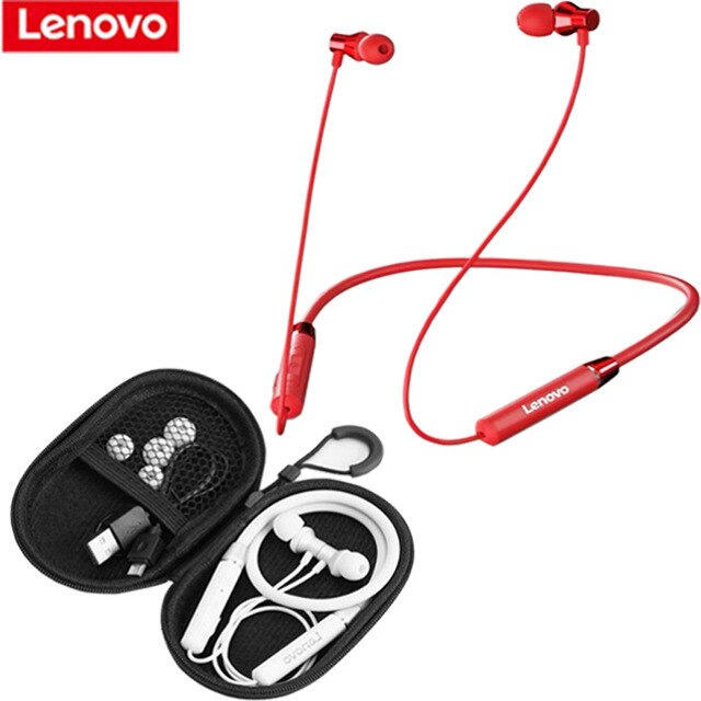 Lenovo HE05 Wireless Bluetooth 5.0 Magnetic Neckband Earphones Headset IPX5 Waterproof Sport Earbud Noise Cancelling Mic: HE05 red ad bag