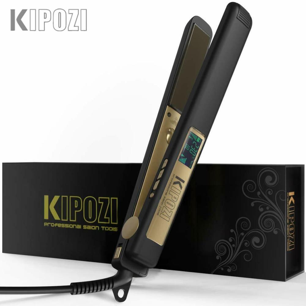 KIPOZI-plancha de pelo con placa de titanio, plancha plana con pantalla LCD Digital, herramienta para el cabello de calentamiento rápido de doble voltaje: Black / UK