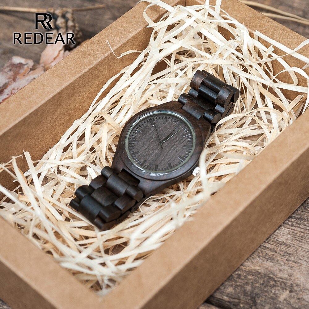 REDEAR Handgemaakte Zwarte Sandelhout Horloges minnaar Horloges Cool Natuur Hout Quartz Automatische Horloge in Box Om Vrouwen
