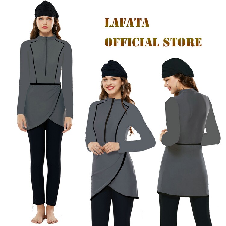 LaFata Color Muslim Swimwear Islamic Modest Swimming Suit Burkini Women Swimsuit with Hijab: Gray / S