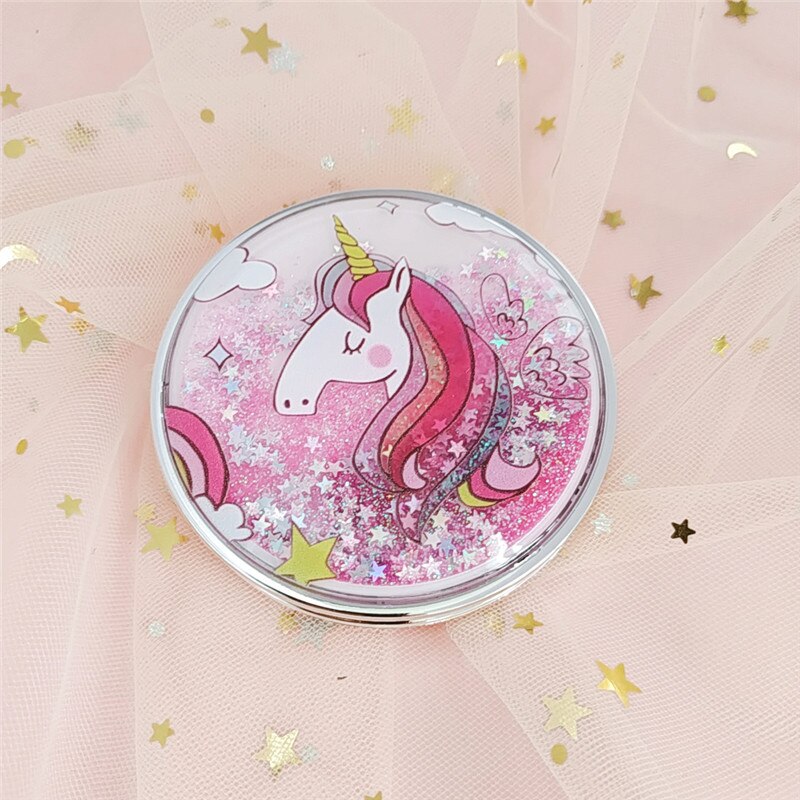 Mini Unicorn Makeup Mirror Compact Pocket Mirror Portable Double-Sided Folding Cosmetic Mirror With flowing sparkling sand: D
