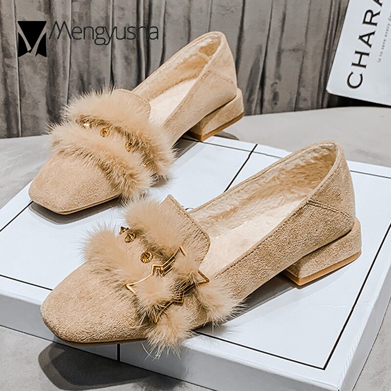 Boucle en métal chaussures plates en fourrure – Grandado