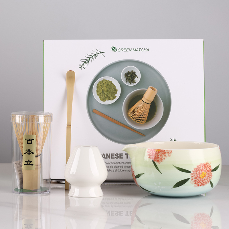 Vintage Matcha Ceramic Set Chawan Bamboo Matcha Whisk Scoop Holder Bamboo Brush Teaspoon and Sieve Matcha Teaset Giftbox: Dull