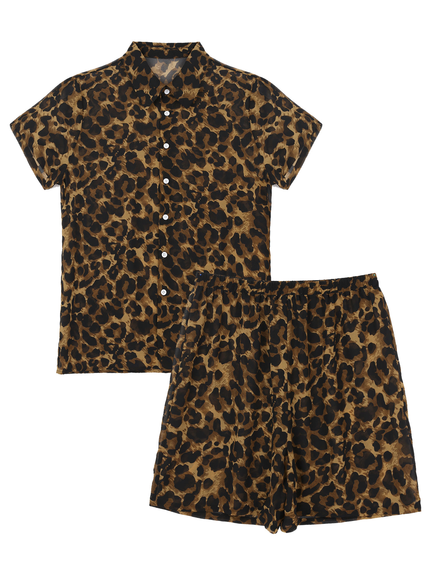 Ensemble pyjama en mousseline de soie pour homme, tenue deux pièces à la , imprimé léopard, Streetwear de plage, col rabattu, chemise avec short: L