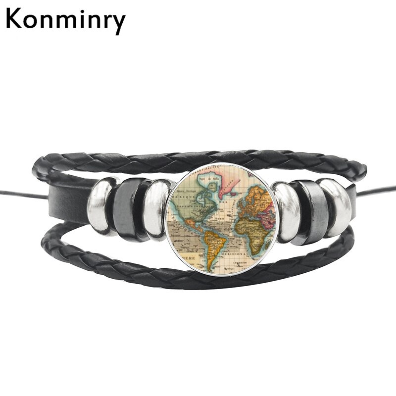 Vintage World Map Globe Leather Rope Bracelet Glass Dome Buttons Africa Bangle For Women Men Jewelry: 11