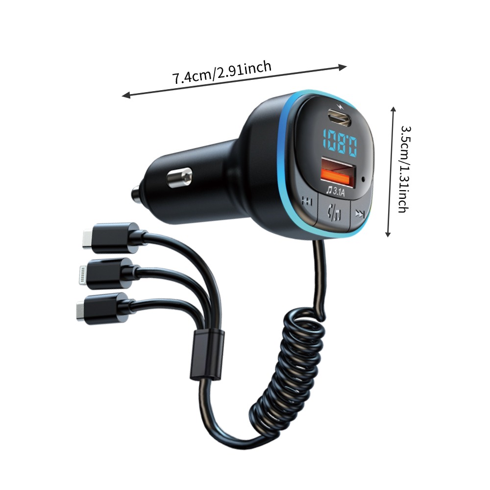Lettore MP3 per auto con trasmettitore FM senza fili Caricatore per auto doppio USB kit per auto con risposta uno tocco con cavo di ricarica 3 in 1