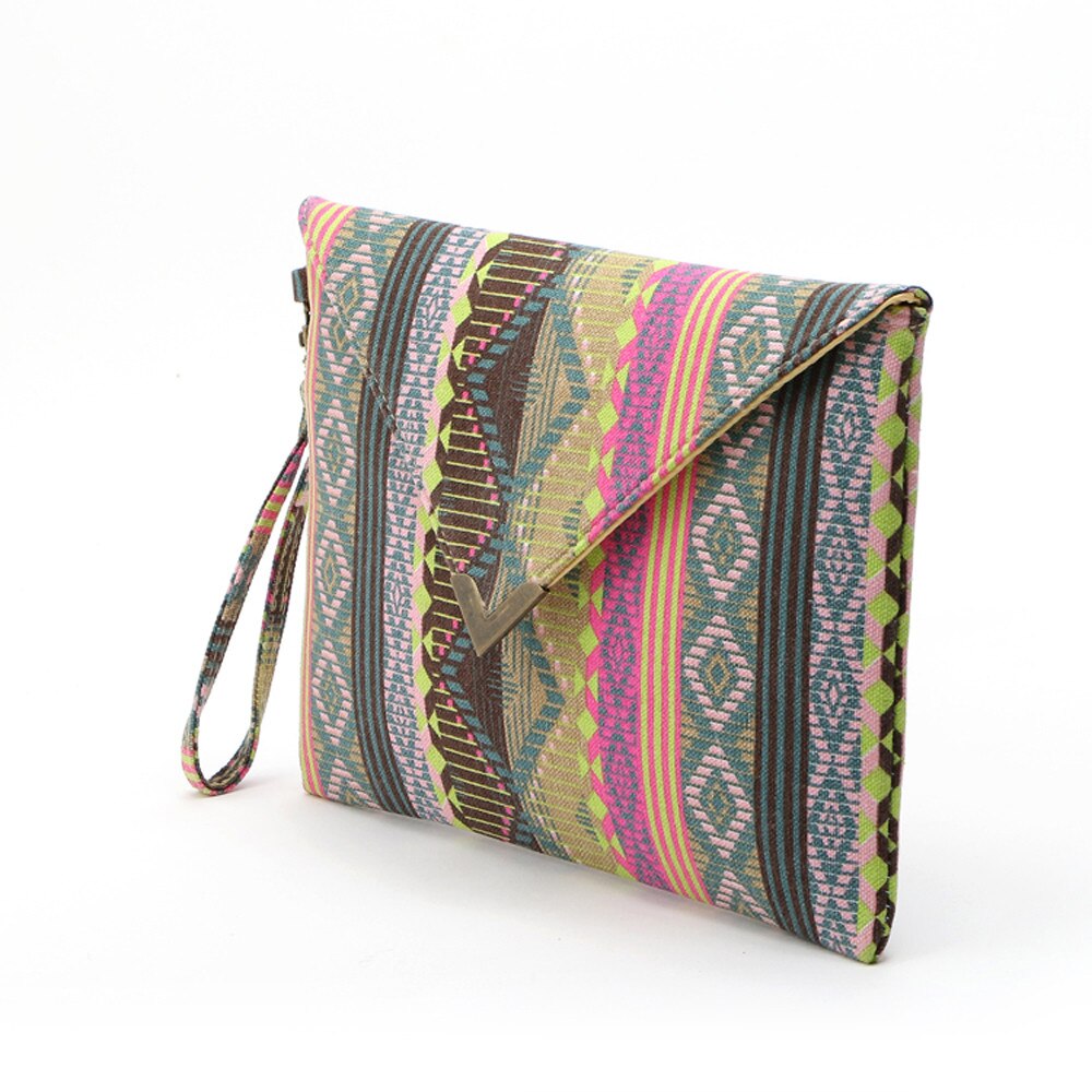 Boho randigt tryck canvas lång dam plånbok dam korthållare tribal kvinnlig handväska väska med kopparaktig dragkedja #f