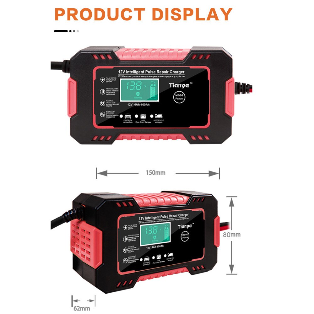 Agm Gel Wet Car Battery Charger Wet Dry Lead Acid Battery Charger Full Automatic Pulse Repair 12V 6A Fast Power Charging