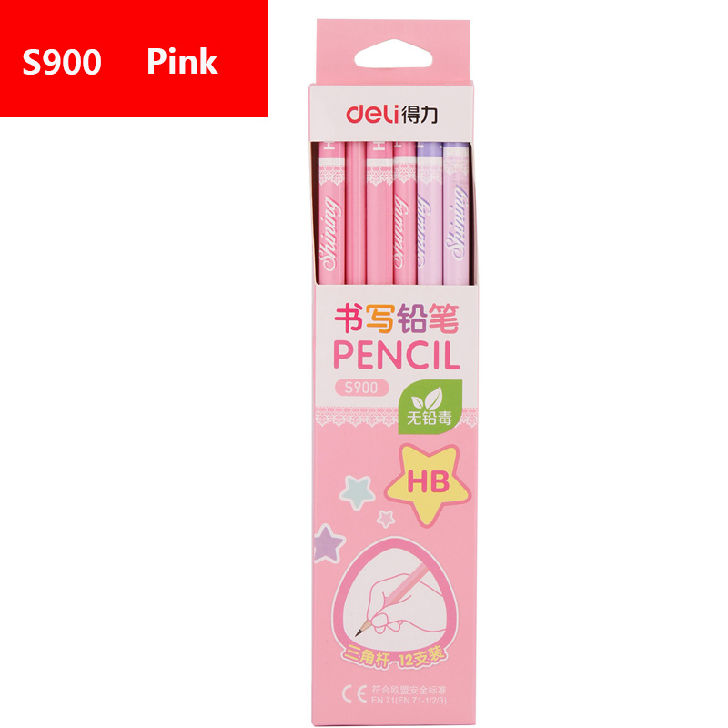 Deli, 12 unids/lote, lápices de plomo HB de madera, papelería, suministros de oficina y escuela, lápiz de madera para estudiantes, dibujo, escritura negro: S900 Pink