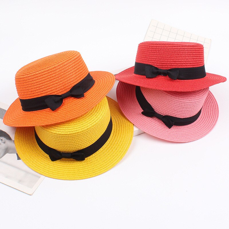 Ladies Summer Solid Top Hat Sun Visor Sun Straw Beach Hat Female Casual Panama Hat Lady Brand Women Flat brim Bowknot Straw cap