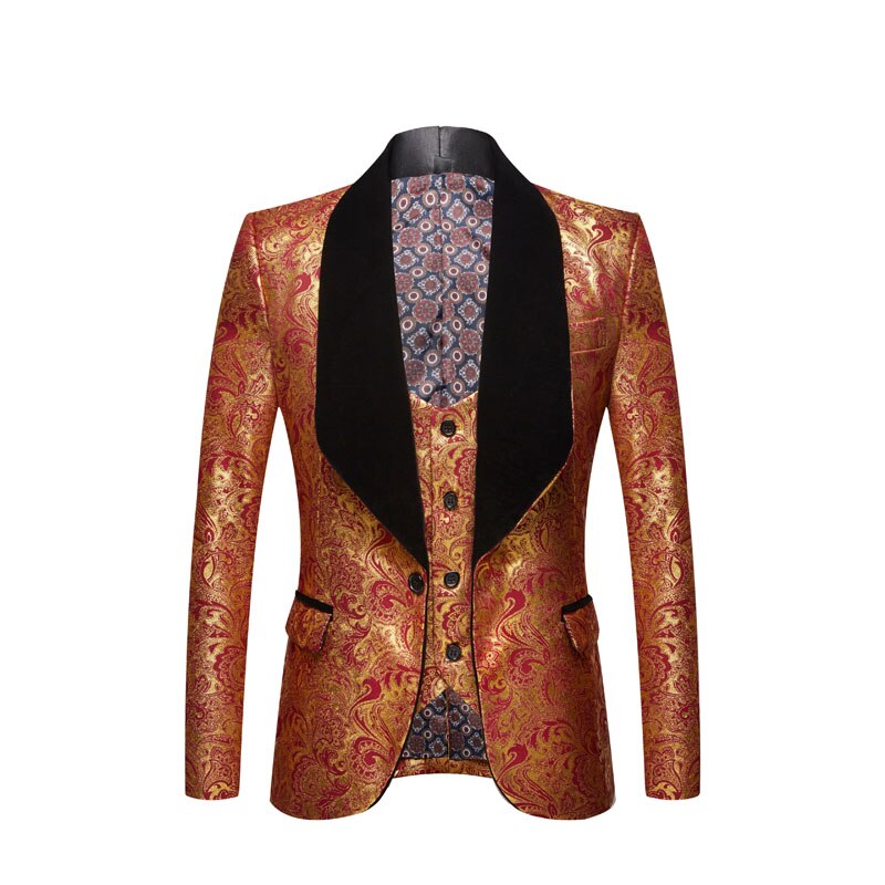 Pyjtrl jakke + vest herre todelt sæt guld blomstermønster print sjal revers slim fit bryllup gallakjole smoking kostume: Rød jakke vest / Os størrelse  s 38r