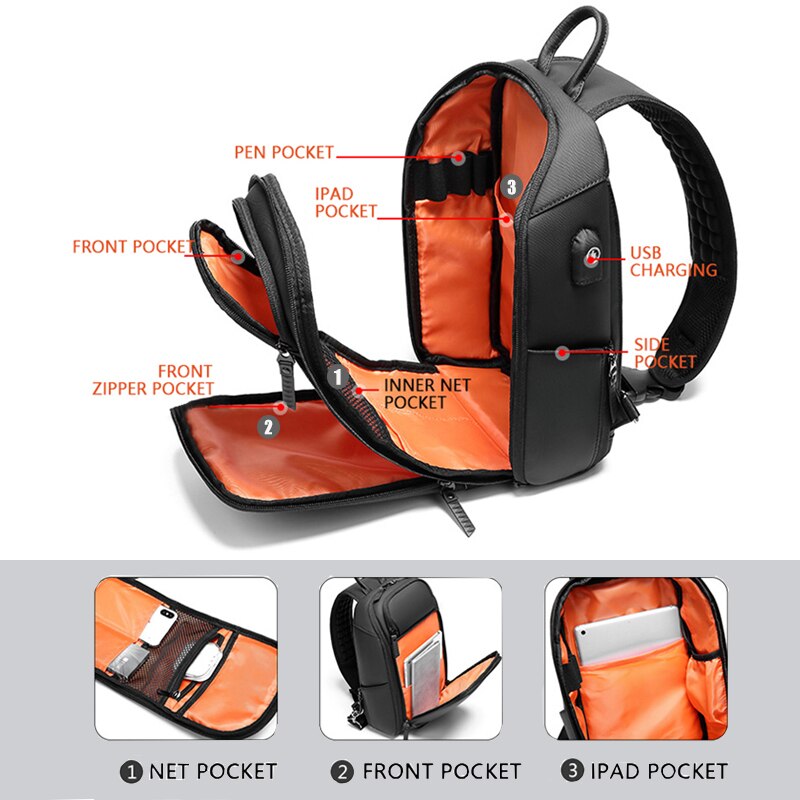 Anti-diefstal mannen Schoudertas Grote Capaciteit Crossbody Tassen Mannelijke Mode Zwart USB Opladen Waterdichte Sling Bag voor korte Trip