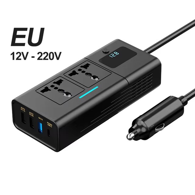 200W Car Plug Adapter 4 USB Ports 12V To 110V/ 220V Auto Power Inversor QC3.0 PD Car Power Inverter US Socket Charger Adapter: black