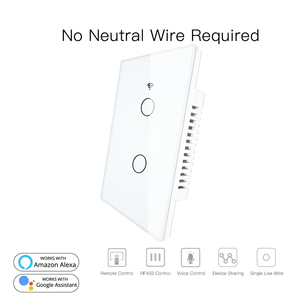 Rf433 slimme wifi-wandschakelaars zonder neutrale draad nodig, slimme wandschakelaar met één draad, werkt met alexa en google home 170-250v: 2 gang wit