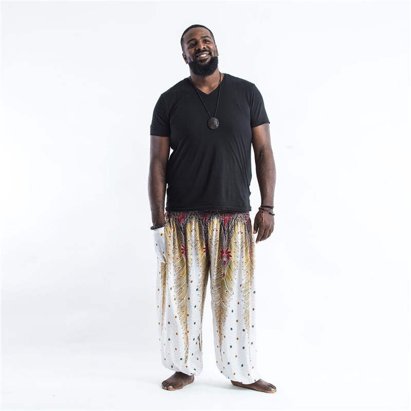 Men Thai Harem Pants Casual Trousers Loose Elastic Waist Vintage Print High Waisted Beach Pants Unisex Women Drawstring