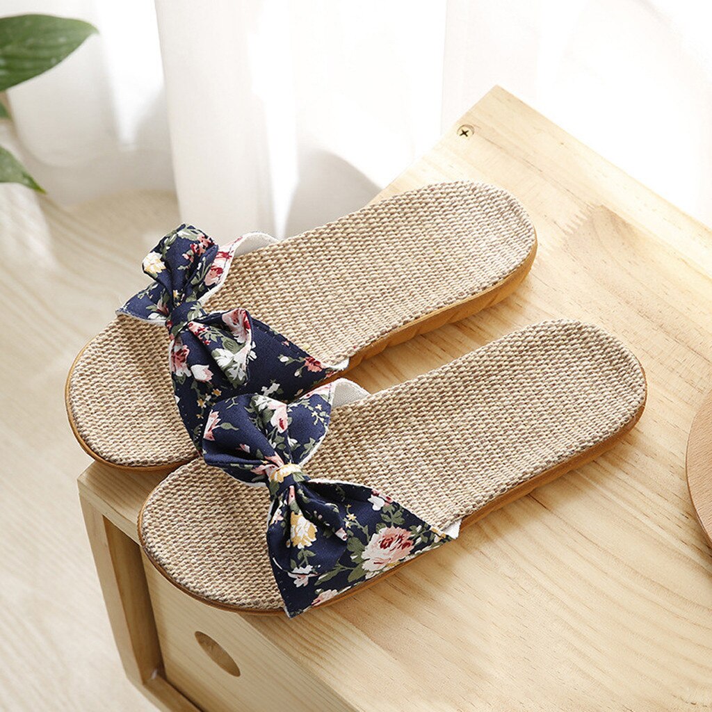 38 # Vrouwen Vlas Slippers Zomer Casual Slides Strand Schoenen Dames Indoor Linnen Slippers Bohemen Bloemen Boog Slippers Sandalen: B / 39