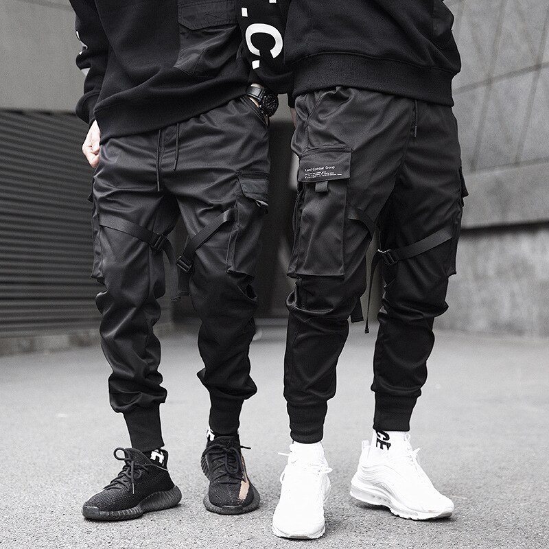 Syksy miehet nauhat värilohko musta tasku cargo housut haaremi lenkkeilijät harajuku verkkarit hip hop housut lbz 123
