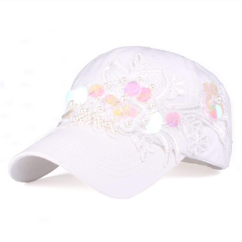 [yarbuu]merk pet stijl baseball pet voor vrouwen kralen bloem katoenen pet hiphop meisjes snapback hoed: Wit