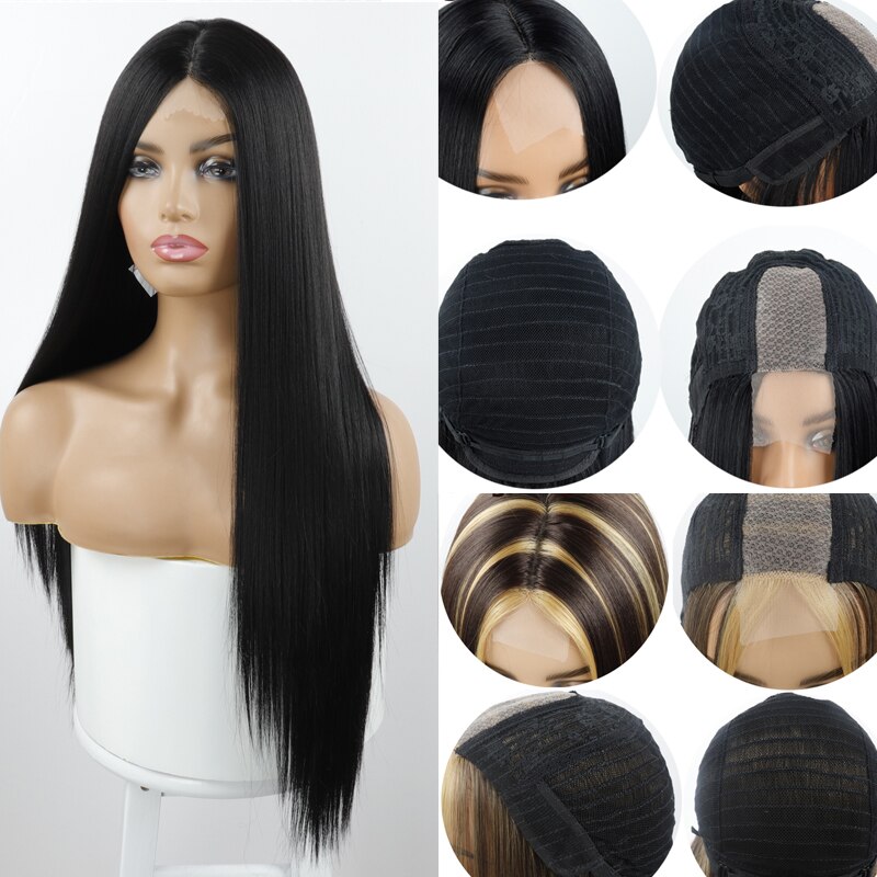 LISI GIRL longue ligne droite perruque noire perruques synthétiques pour les femmes partie moyenne naturelle perruque de dentelle fibre résistante à la chaleur perruque d'apparence naturelle