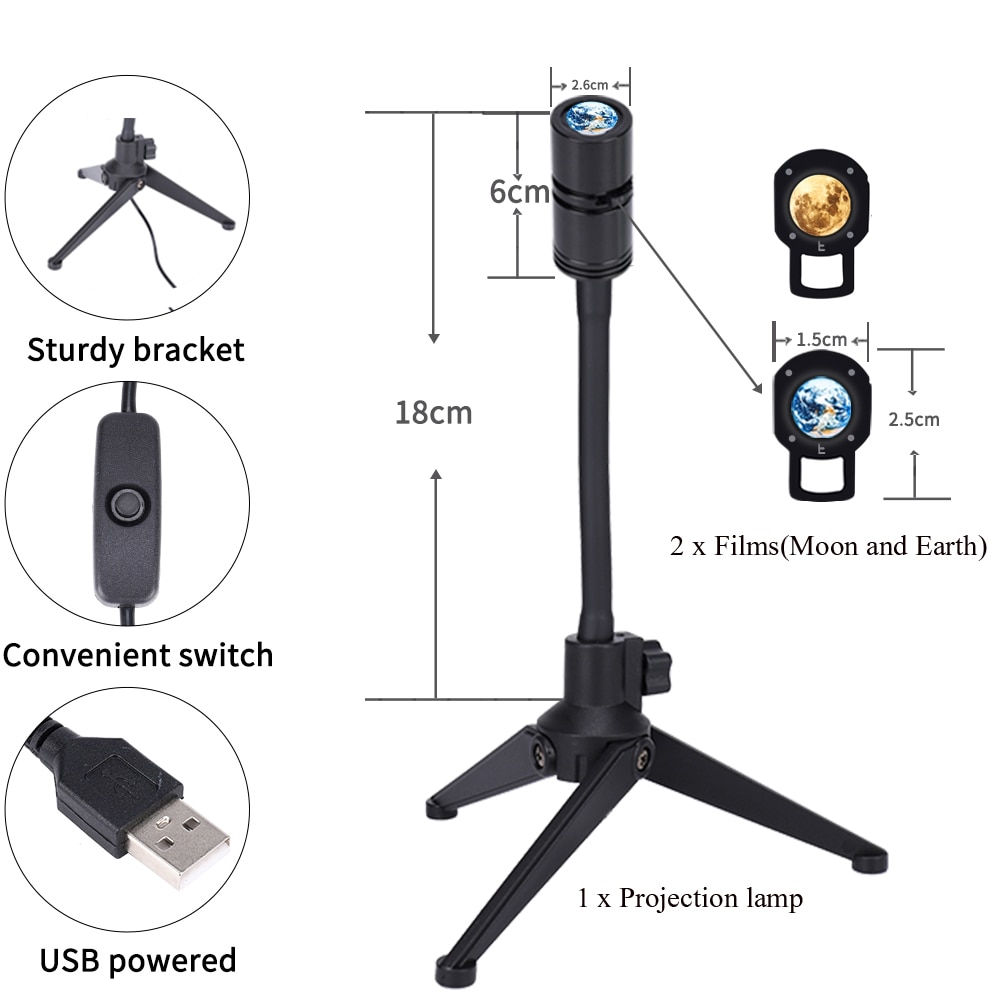 Himmel projektor nattlys planet magisk måne jord projeksjon ledet lampe 360 ° roterbar usb 5v 3w låve soverom veggdekor belysning: 1 x stativ 2 x filmer