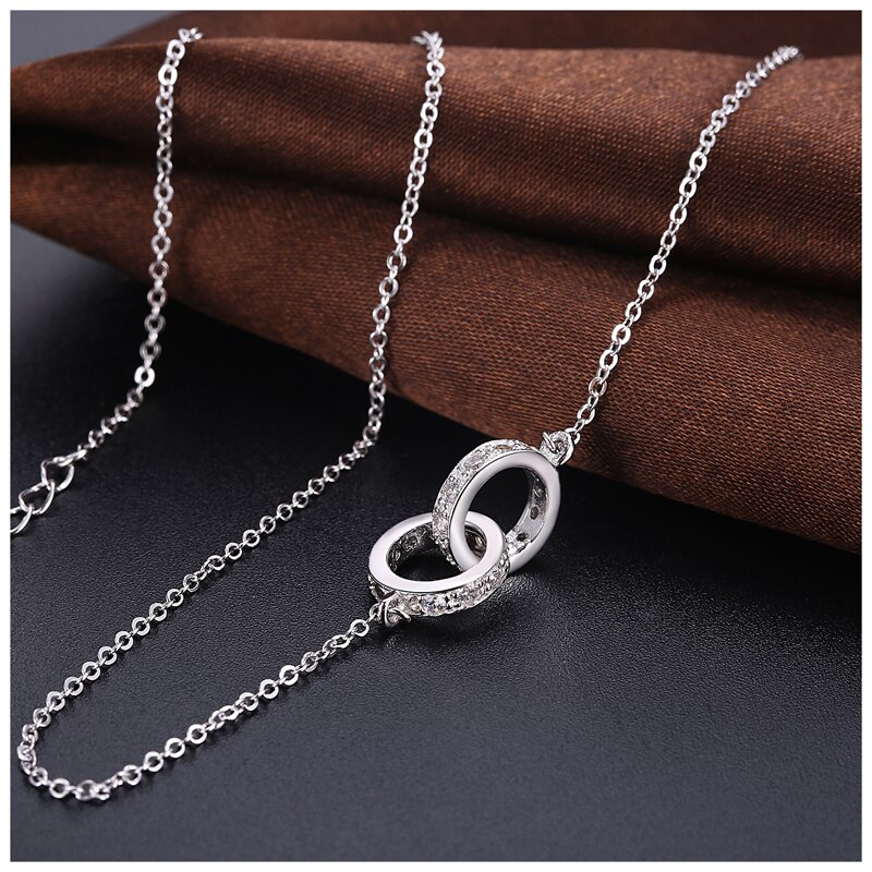 Mode 925 Sterling Zilveren Dubbele Ronde Hanger Neckalce Rose Goud Strass Dubbele Cirkel Ketting Voor Vrouwen Sieraden