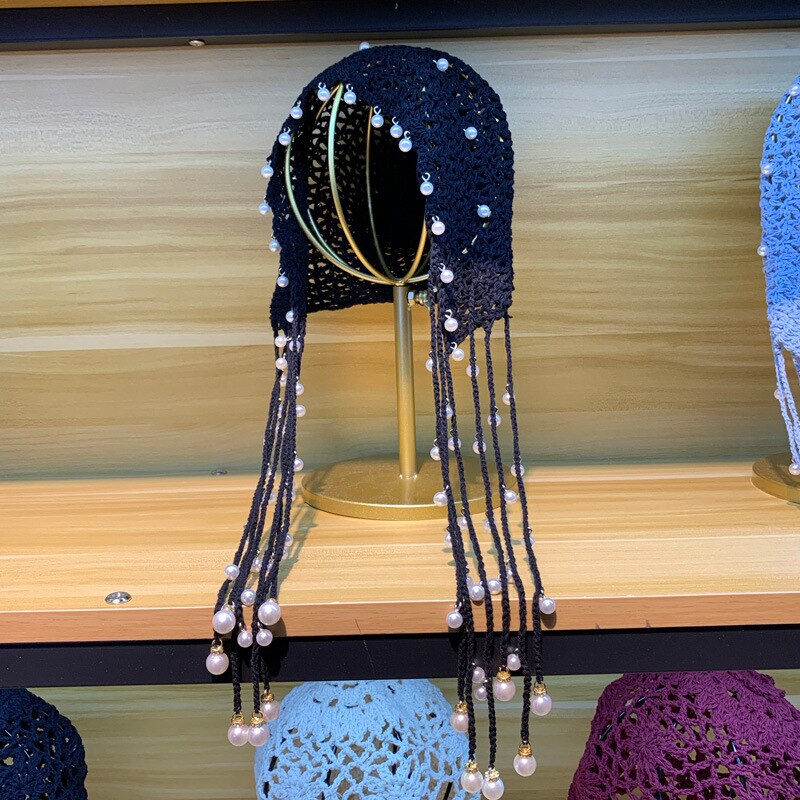 Gorro de punto de para mujer, gorro de ganchillo con perlas, Vintage, con borlas, para todas las estaciones, ZZ-386: 1 Pearl