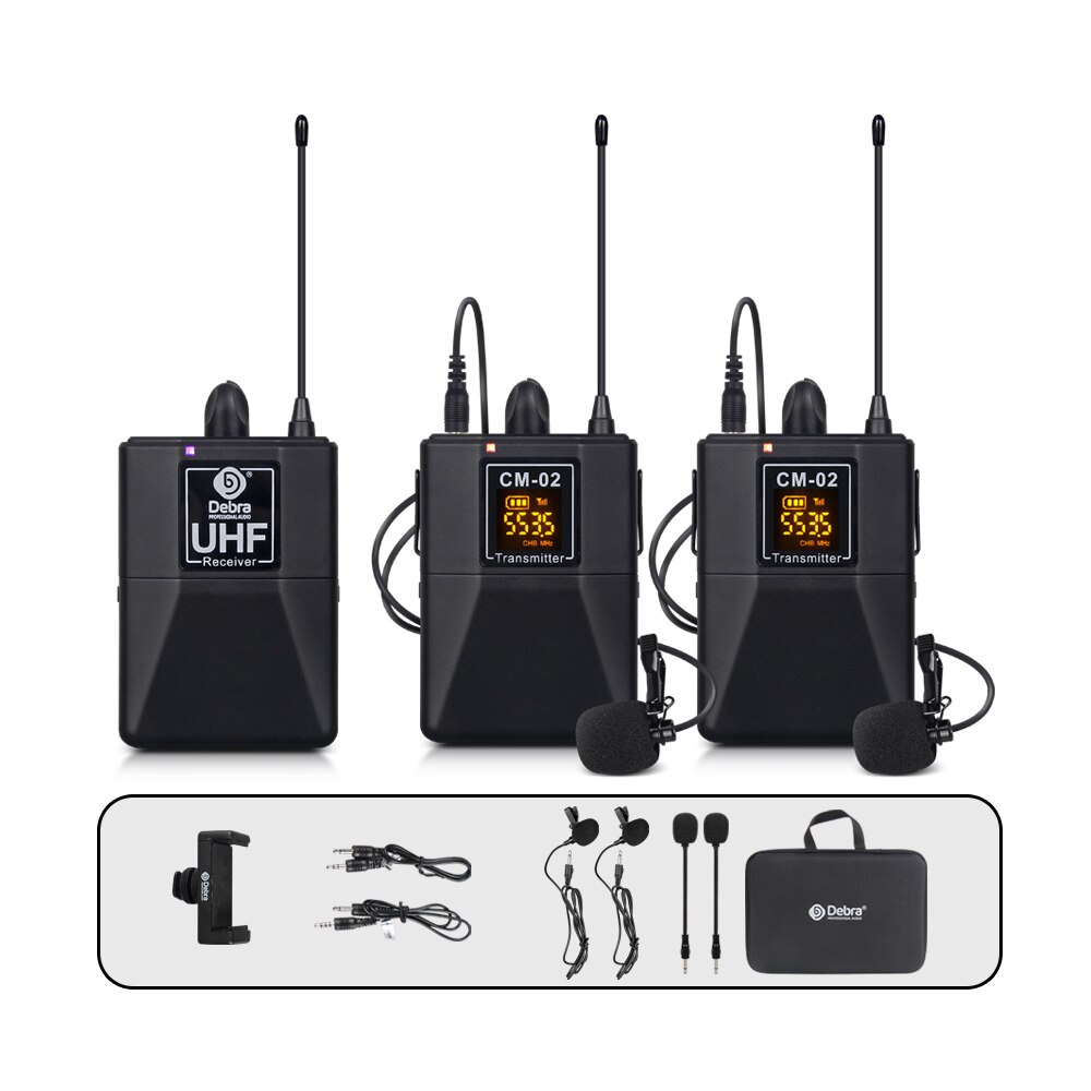 CM Series UHF Wireless Lavalier Microphone With 30 Selectable Channels 50m Range For Smartphones DSLR Cameras Webcast: 02 Top configuration