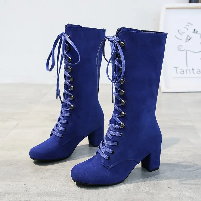 Kniehohe Stiefel Winter Frauen Schuhe Reißverschluss Hohe Ferse Hohe Stiefel NäHenne Starke Ferse Damen Stiefel Neue Schwarz