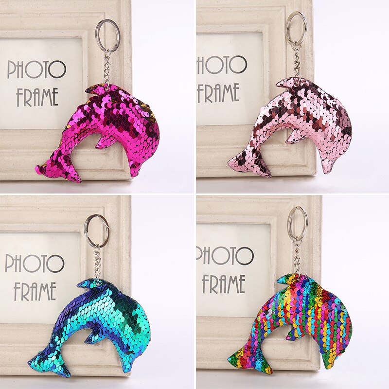Cute Shiny Dolphin Keychain Mermaid Sequins Animal Sequin Key Chain Keyrings For Women Car Bag Pendant Jewelry