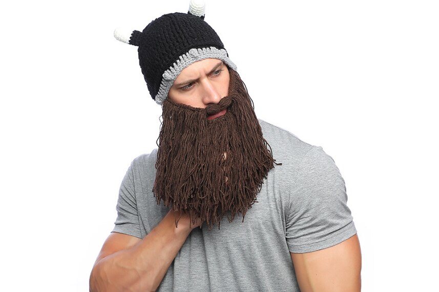 Men's Barbarian Vagabond Viking Beard Beanie Horn Hats Handmade Winter Warm Birthday Cool Funny Gag Halloween CaP