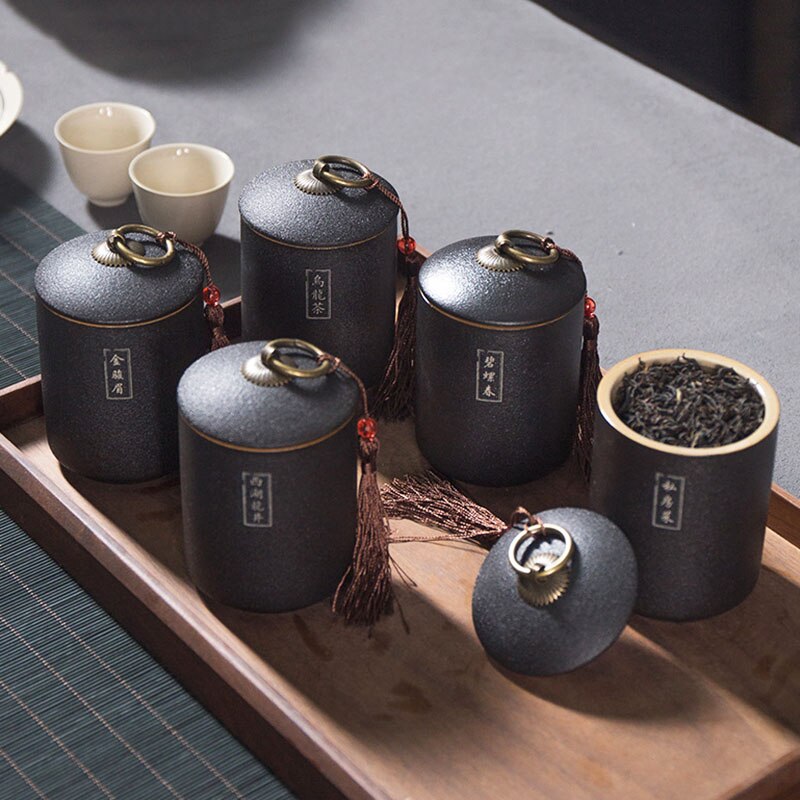 Black Pottery Tea Caddy Ceramic Sealed Storage Tank Plain Tea Canister Spice Jars Coffee Storage Box Kitchen Container