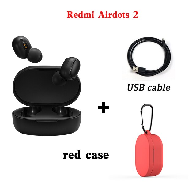 Xiaomi Redmi Airdots 2 Earbuds Tws Wireless Earphone Bluetooth 5.0 In Ear Stereo Headsets Noise Reduction With Mic Tap Control: air2 red case cable