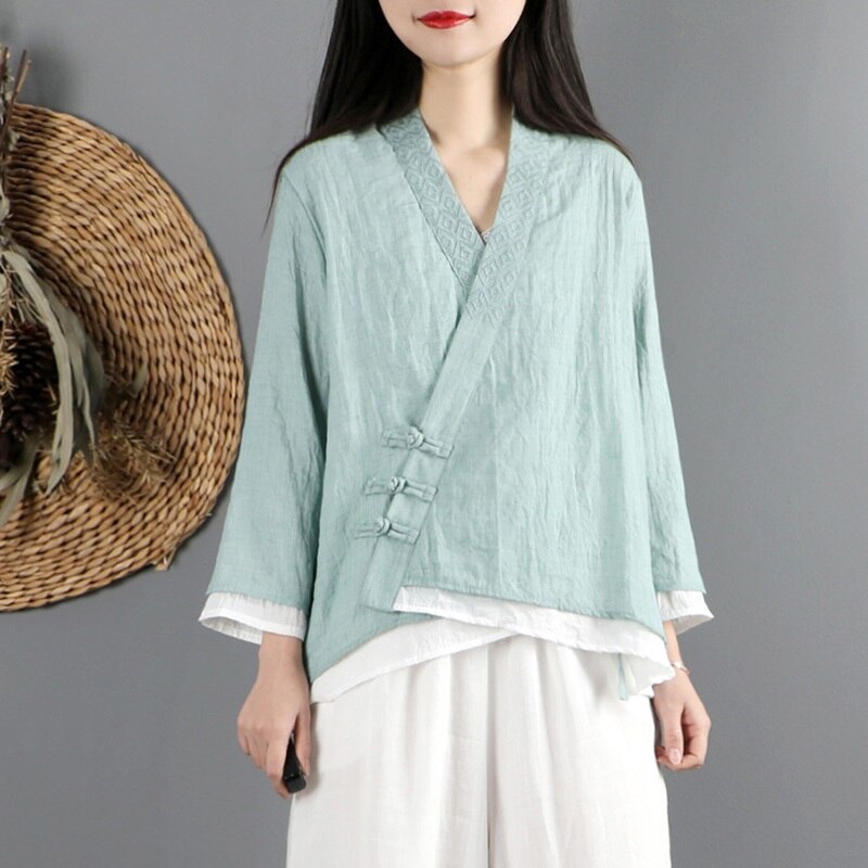 Tops chinos para mujer, blusas de primavera Retro oblicuas, Cheongsam Qipao, Top Hanfu, ropa de estilo chino para mujer