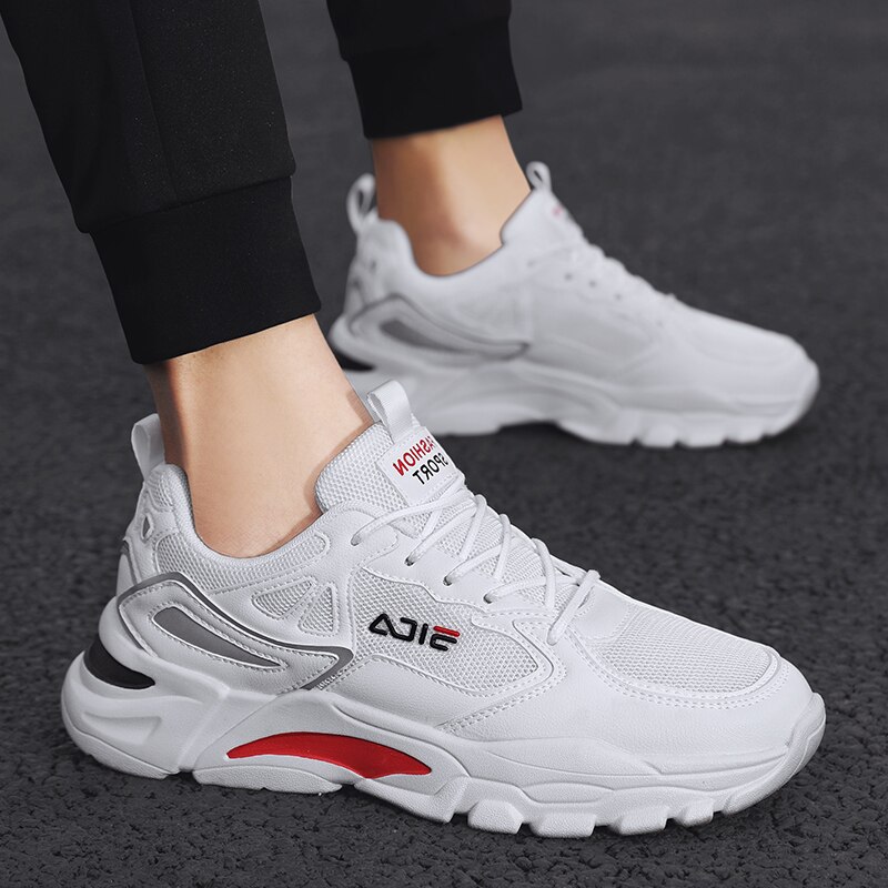 Tênis masculino sapatos de tênis de ar almofada rendas até sapatos de desporto respirável tênis de malha branco tenis femininohombre formadores sapatos esportivos: WHITE / 10