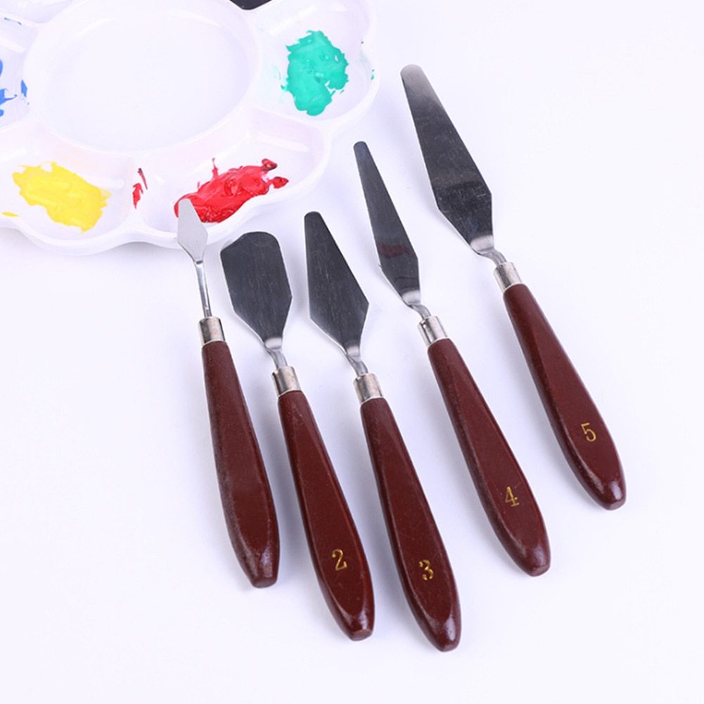 5pcs Artist Wooden Handle Tools Oil Painting Spatula Mixing Scraper Paint Palette Stainless Steel