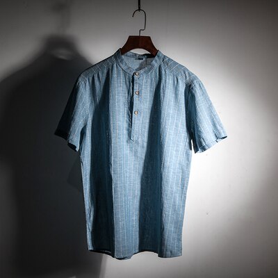 Camisa Algodón Lino Hombre - Rayas Verticales - Cuello Mao Manga Corta - Pulóver Casual: Azul / Talla asiática xl