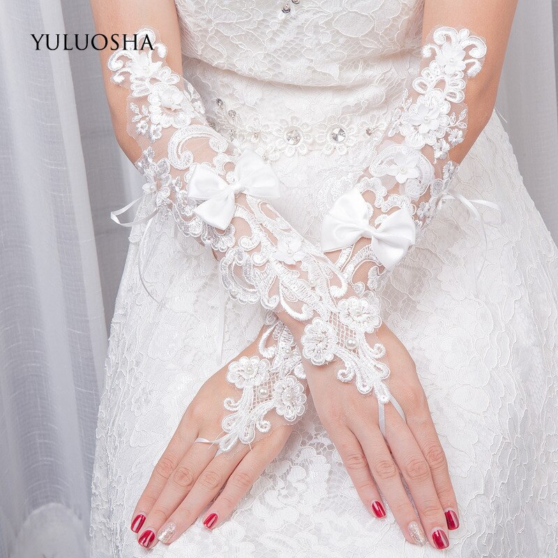 YULUOSHA Hochzeit Handschuhe für Braut Perlen Günstige Braut Handschuhe Hochzeit Handschuhe Finger Hochzeit Zubehör Weiß Spitze Handschuhe