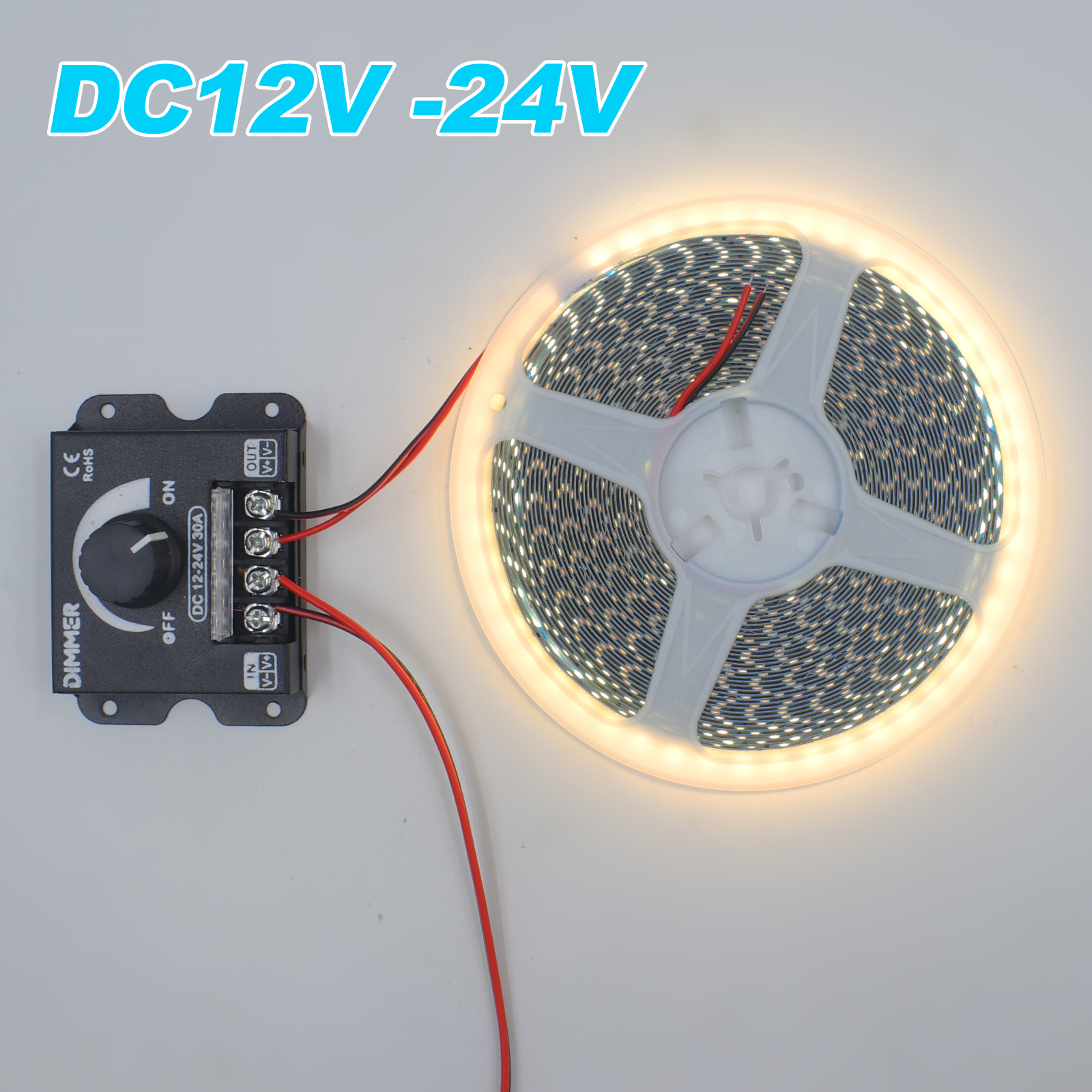 30A LED-Dimmer-Controller DC12-24V für LED-Einfarb-Beleuchtungsschnurstreifen 360 W manuelles Dimmen mit 3-Tasten-RF-Funkfernbedienung