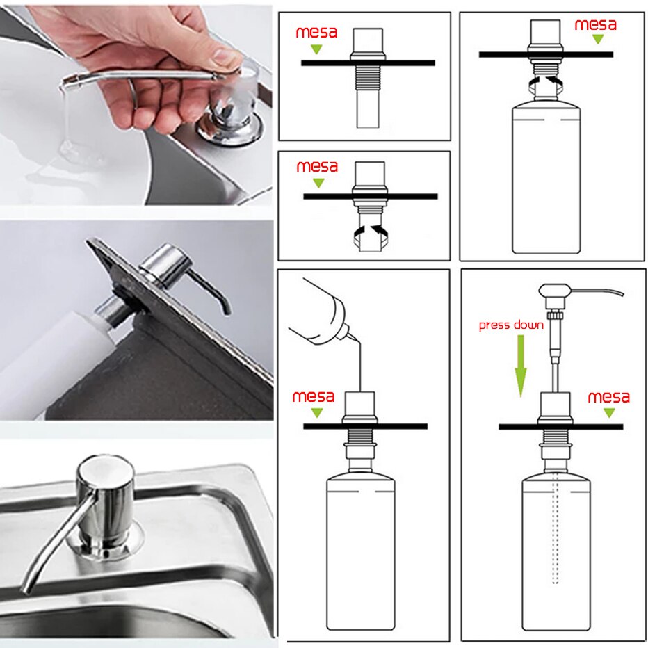 300ML Kitchen Sink Soap Dispenser Brushed Stainless Steel Soap Bottle Bathroom Manually Press Soap Bottle Kitchen Accessories