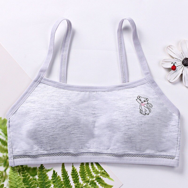 Cotton Puberty Girl Bra Breathable Teenager Girl Underwear Soft Girls Training Bra Wire Free Sport Bra with Pad Teen Lingerie: Grey