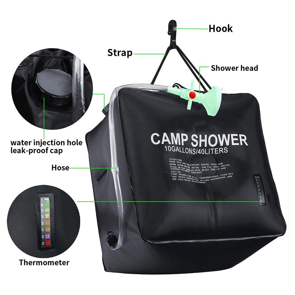 MYJ 40L Solar Shower Bag Foldable Sun Heating Camping Shower Portable Outdoor Sun Shower Bag with Removable Head
