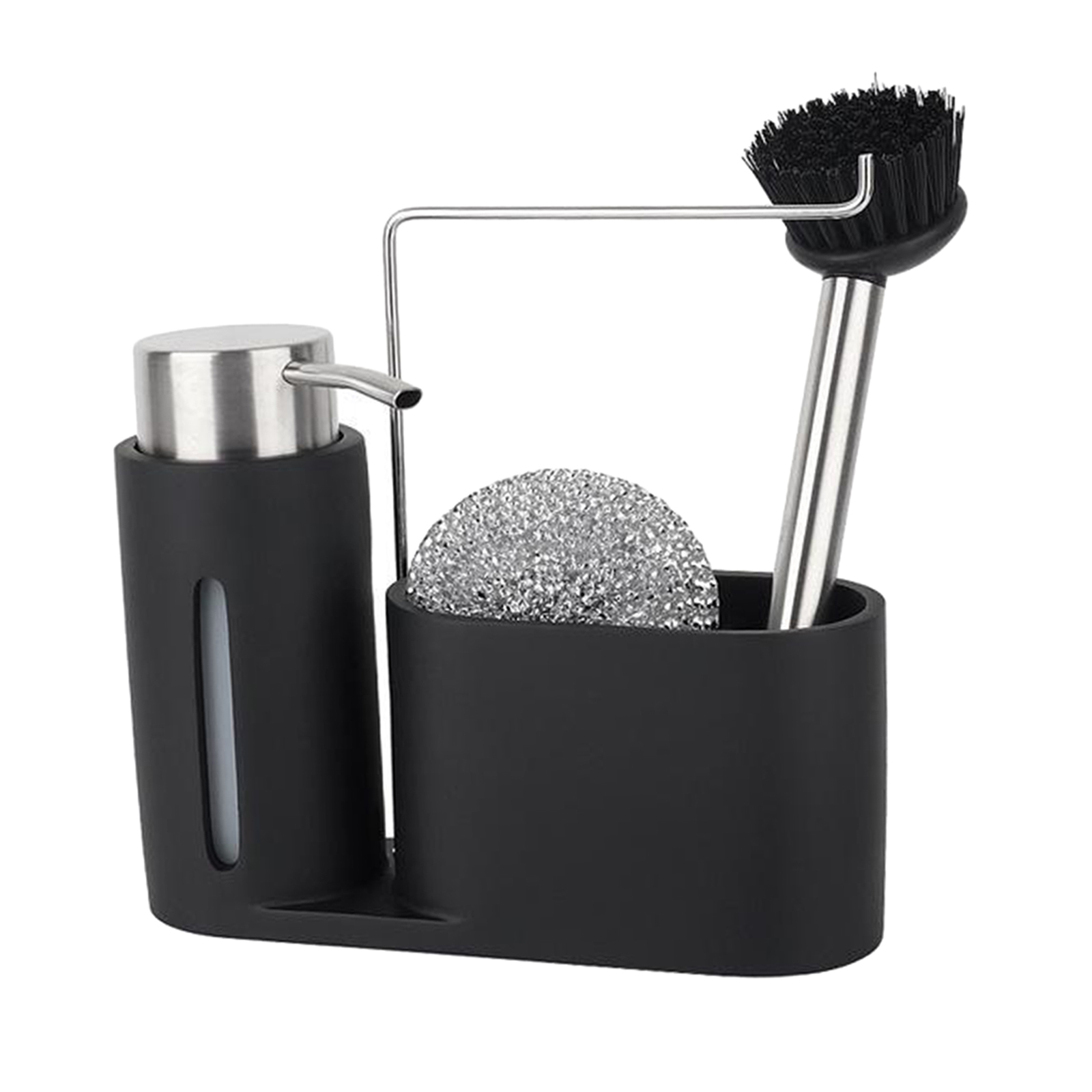 Multi-Function Kitchen Cleaning Kit Soap Dispenser Steel Ball Dishwashing Brush Rag Storage Holder Caddy for Sink Countertop