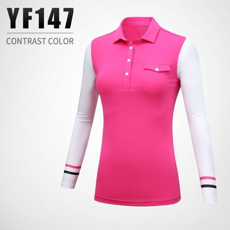 Efterår vinter kvinders golf t-shirt dame åndbar knap krave syning langærmet solcreme bund skjorter sportsbeklædning