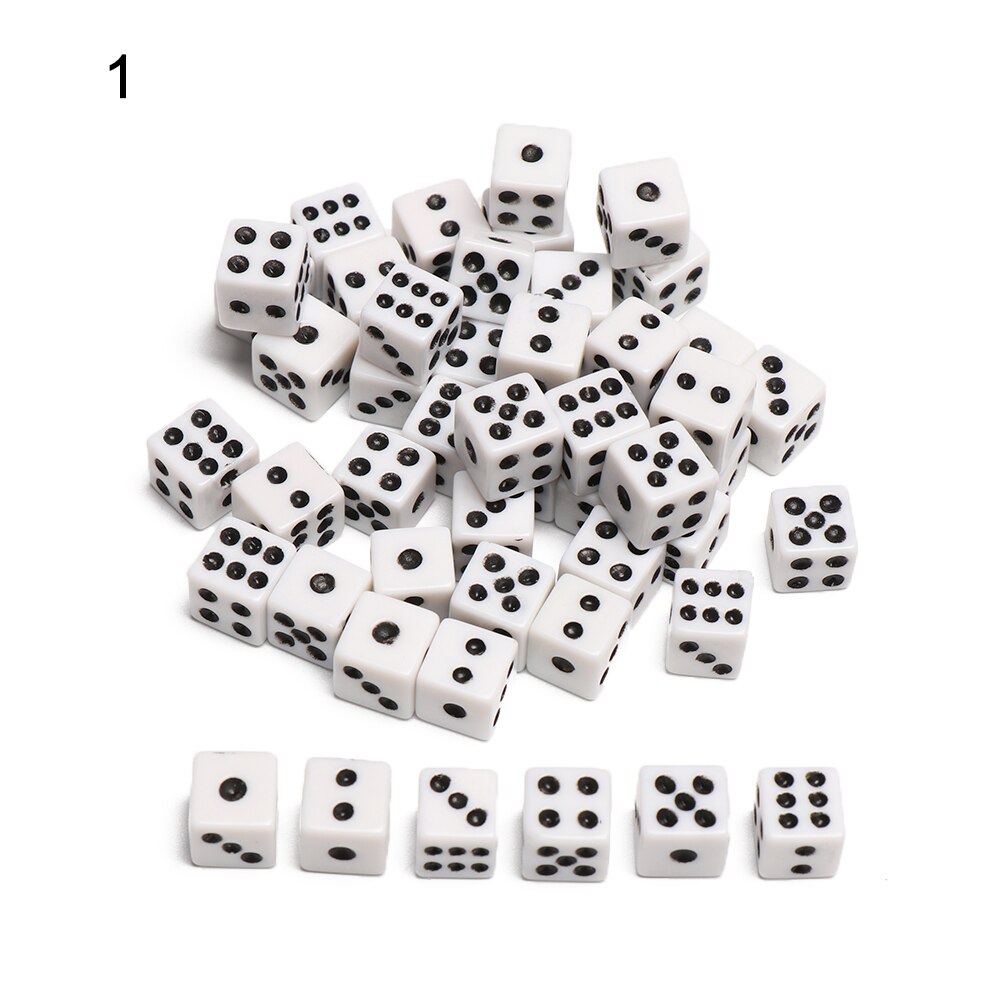 50 pièces/sac dés 8mm dés en plastique jeu à boire dés Standard Six faces dés fêtes d'anniversaire jeu de société outil de divertissement: White with Black