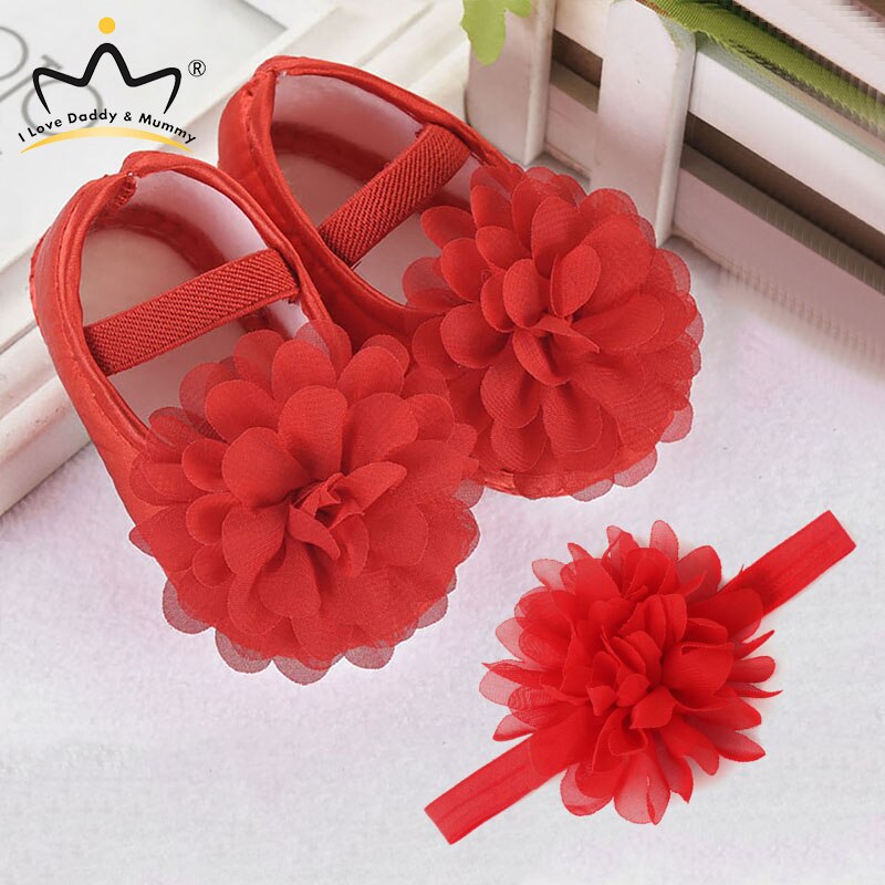 Rosa sløyfe prinsesse baby jente sko pannebånd sett pu leatherr myk bomull anti slip småbarn sko jenter sommer baby sko: Blomst rød / 0-6 måneder