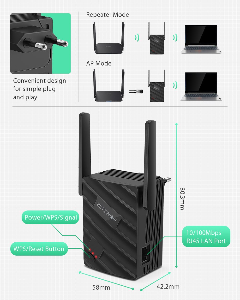 BlitzWolf BW-Netz2 kabellos Verstärker 300Mbps kabellos Palette Verlängerung Unterstützt 64 Geräte Tragbare WiFi Signal Verstärker Booster